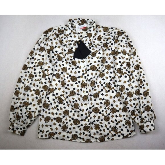 VINTAGE WOMEN'S WHITE BLACK GOLD PRINT LONG SLEEVE BLOUSE - JONQUIL JUDY BOND 12 - Picture 1 of 9